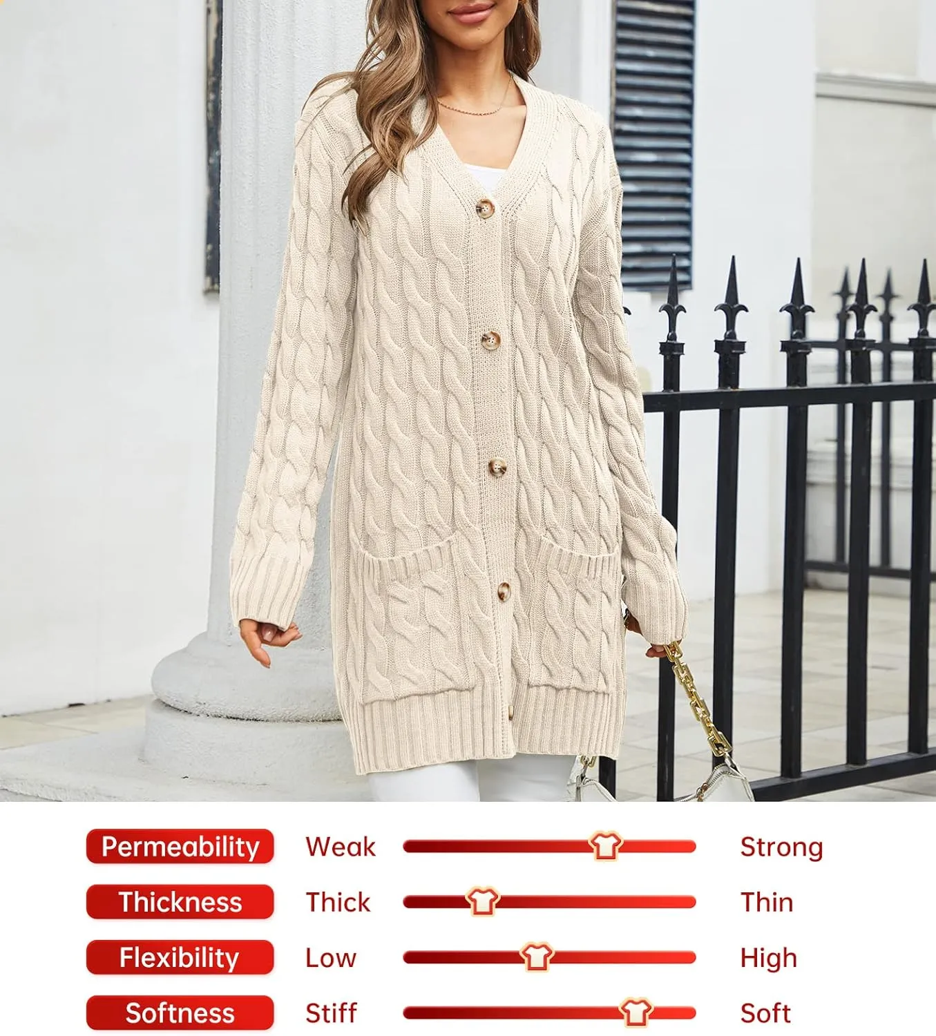 Women's Twist Cable Knit Cardigan Draped Long Sweater Coats with Side Pockets Button Front Fall Winter Outwear