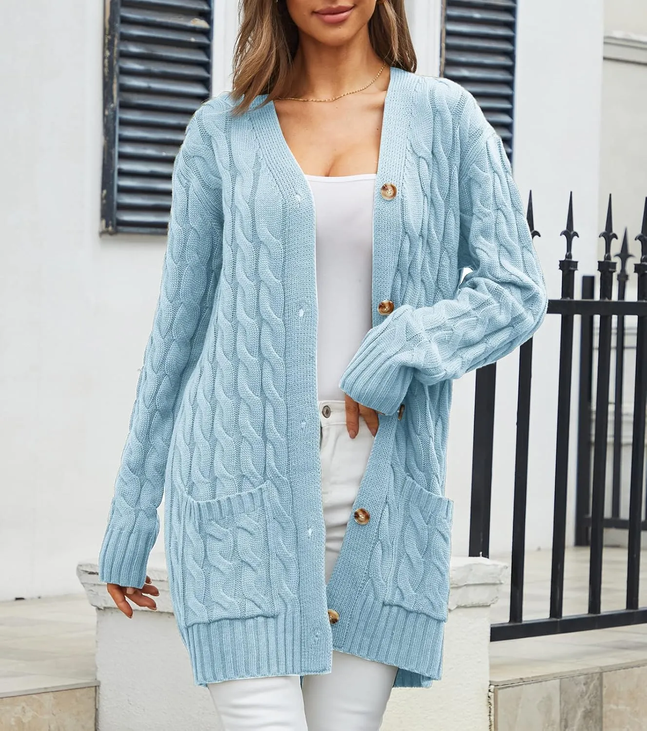 Women's Twist Cable Knit Cardigan Draped Long Sweater Coats with Side Pockets Button Front Fall Winter Outwear