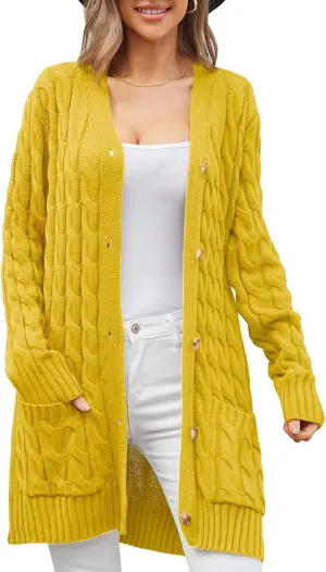 Women's Twist Cable Knit Cardigan Draped Long Sweater Coats with Side Pockets Button Front Fall Winter Outwear