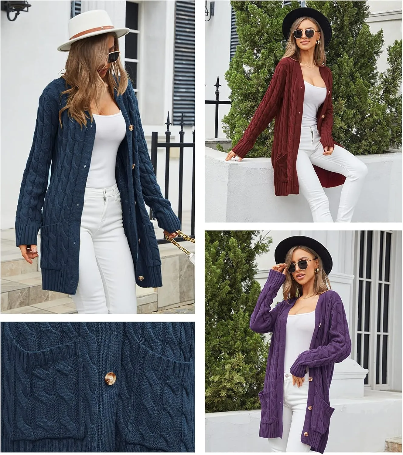 Women's Twist Cable Knit Cardigan Draped Long Sweater Coats with Side Pockets Button Front Fall Winter Outwear