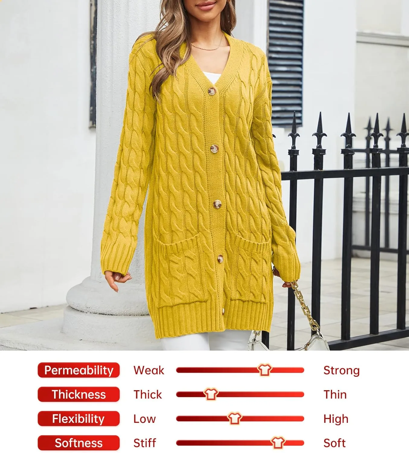 Women's Twist Cable Knit Cardigan Draped Long Sweater Coats with Side Pockets Button Front Fall Winter Outwear