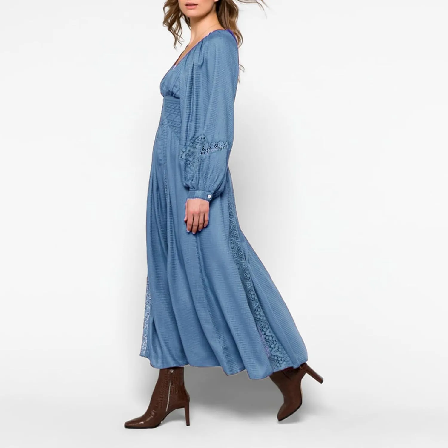 Women's V Neck Lace Patchwork Boho Cutout Loose Swing Long Sleeve Tie Waist Cocktail Wedding Party Maxi Fall Dress