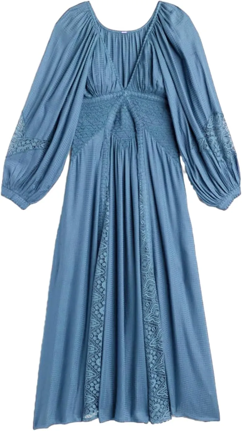Women's V Neck Lace Patchwork Boho Cutout Loose Swing Long Sleeve Tie Waist Cocktail Wedding Party Maxi Fall Dress