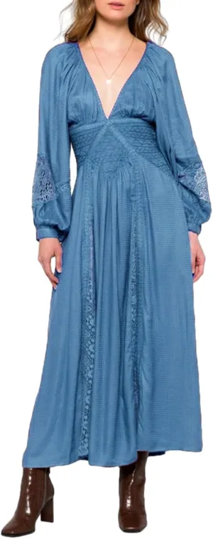 Women's V Neck Lace Patchwork Boho Cutout Loose Swing Long Sleeve Tie Waist Cocktail Wedding Party Maxi Fall Dress