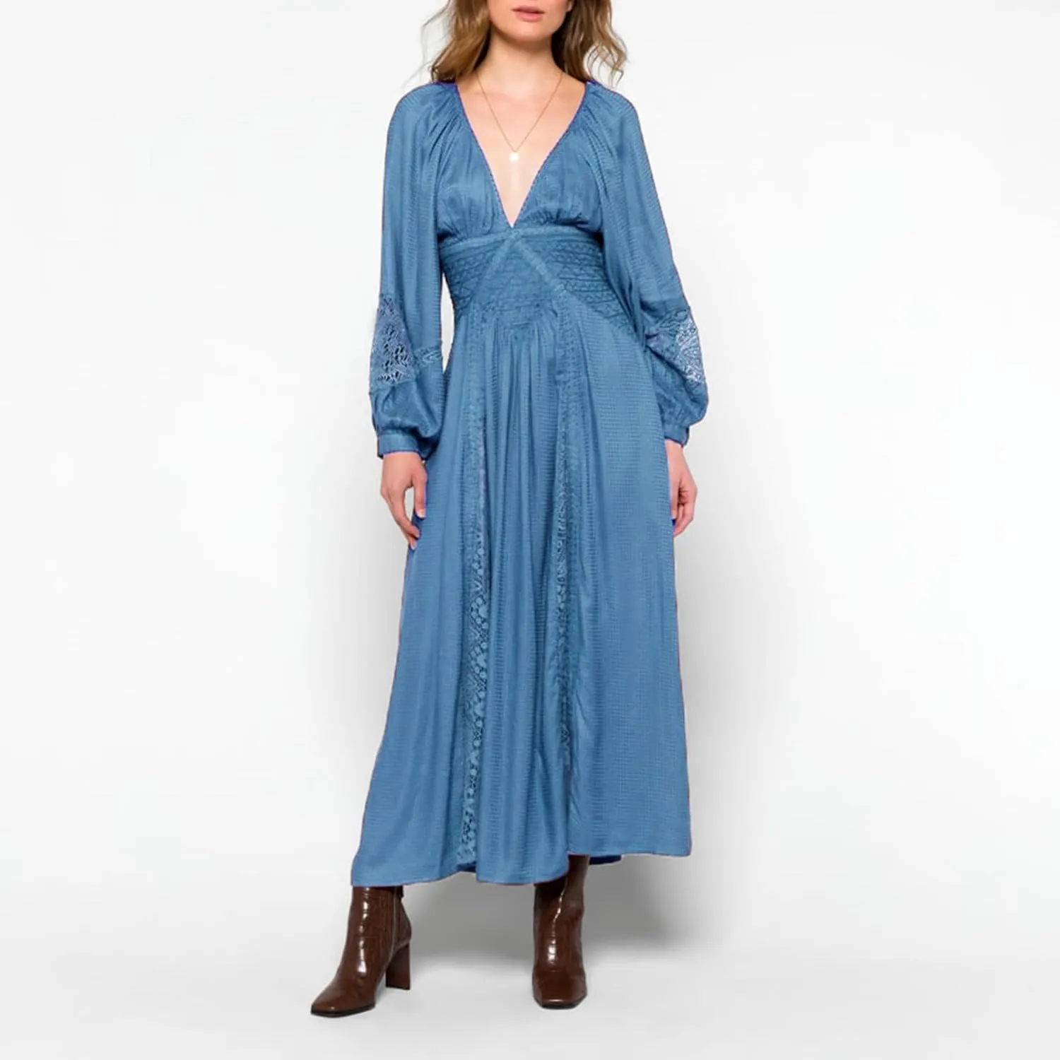 Women's V Neck Lace Patchwork Boho Cutout Loose Swing Long Sleeve Tie Waist Cocktail Wedding Party Maxi Fall Dress
