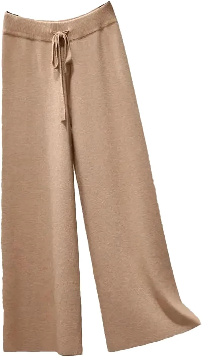 Women's Wide-Leg Pants Winter Loose Knit Trousers Warm High Waist Straight Casual Trousers