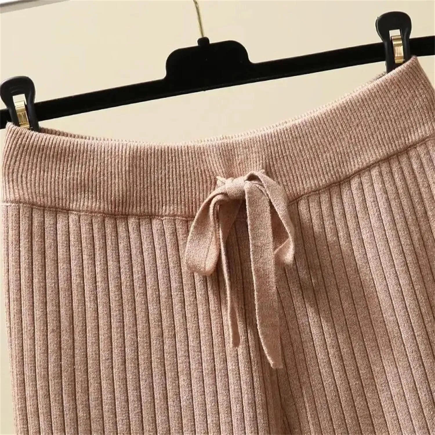 Women's Wide-Leg Pants Winter Loose Knit Trousers Warm High Waist Straight Casual Trousers