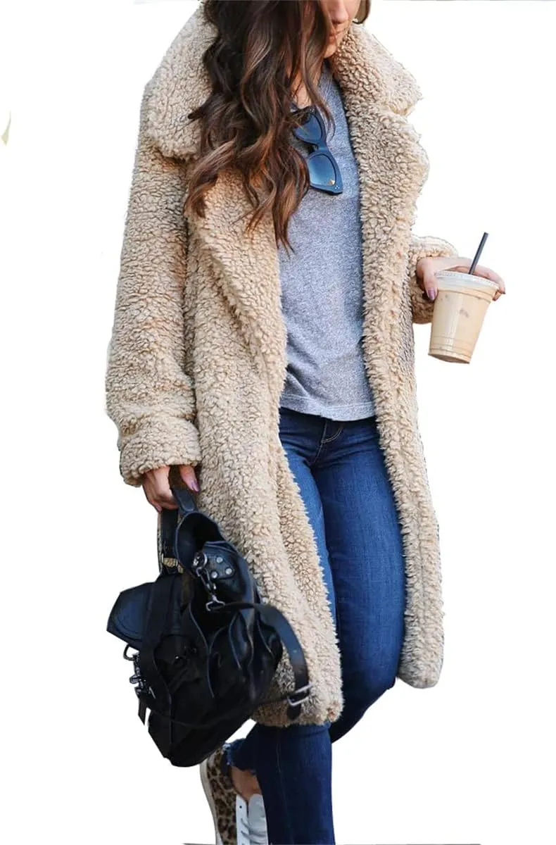 Women's Winter Fuzzy Fleece Long Coats Lapel Teddy Coat Button Down Sherpa Cardigan Warm Faux Fur Jackets with Pockets