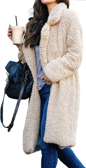 Women's Winter Fuzzy Fleece Long Coats Lapel Teddy Coat Button Down Sherpa Cardigan Warm Faux Fur Jackets with Pockets