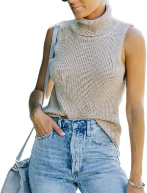 YEMOCILE Women's Turtleneck Sleeveless Sweater Vest Casual Trendy Soft Basic Solid Color Sweater Ribbed Pullover Tank Tops